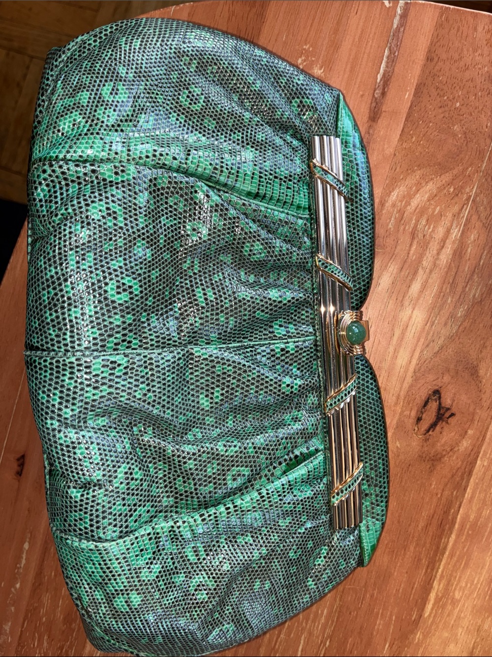 Judith Leiber Teal and Black patterned snake skin bag